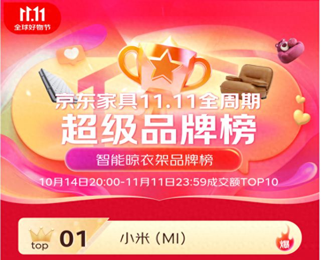 三 米家智能晾衣机双11京东成交额TOP1凯发携手马竞赛事6大单品上榜 包揽金榜前(图3)